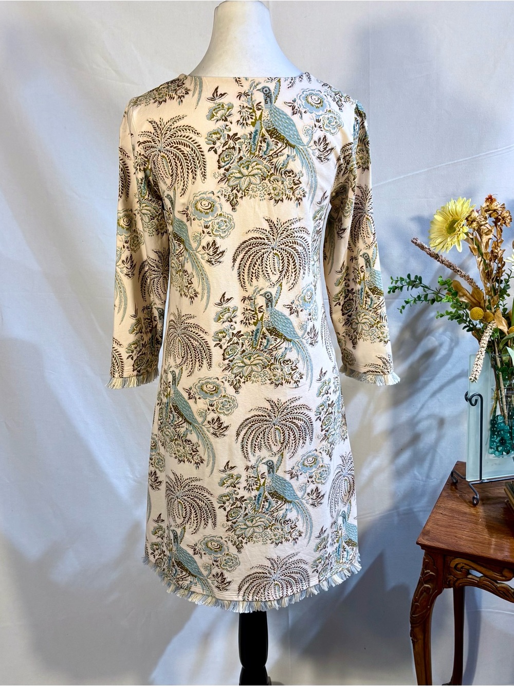💥Spartina 449 Jane Peacock Palm Island Fringe Dress Peruvian Cotton Sz S🧡 - Picture 7 of 12